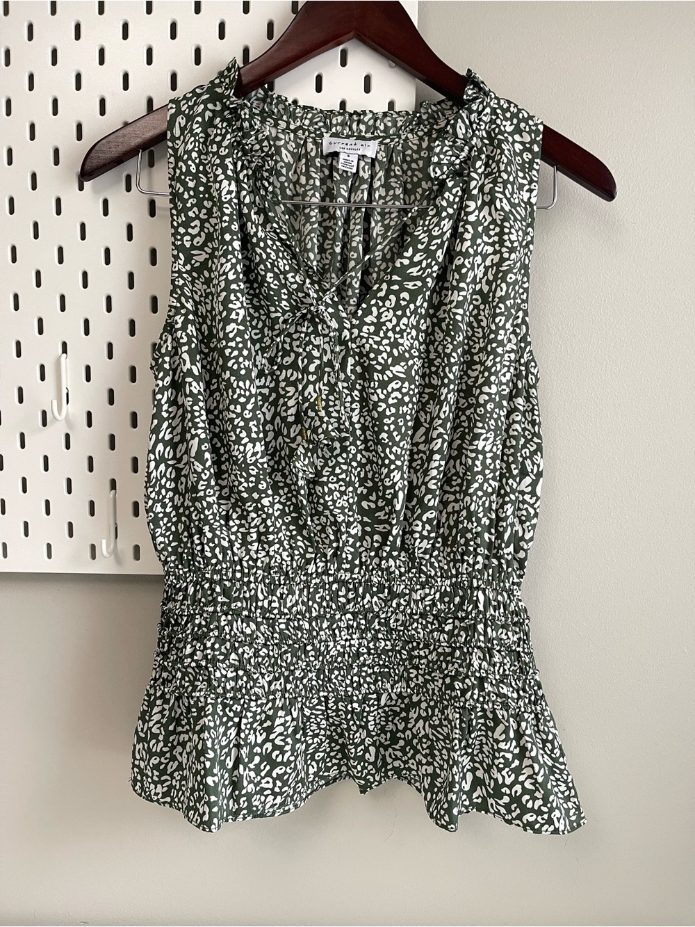 Current Air Green and White Printed Smocked Peplum Camisole